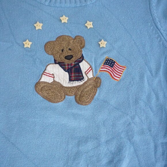 Vintage C&B Blue Teddy Bear Knit Sweater Star Appliqué Americana Cabincore XL - Picture 6 of 9